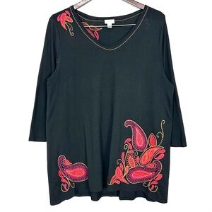 J. Jill Embroidered Knit Tunic Top Women’s Size L Paisley Colorful Boho V-Neck